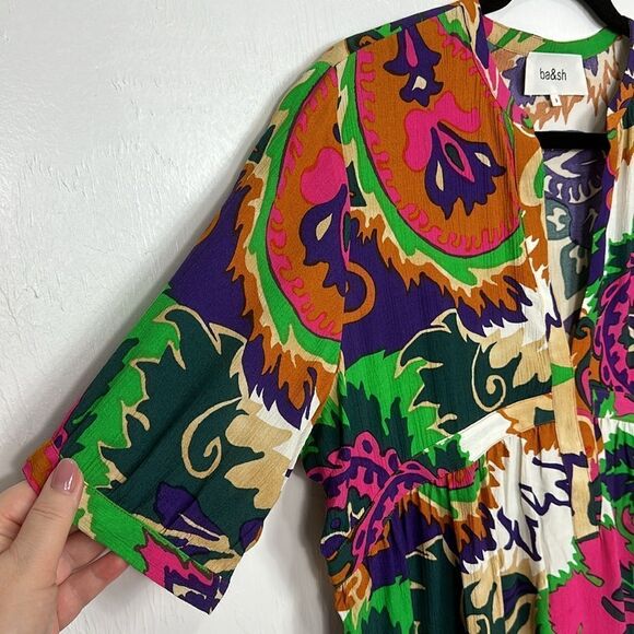 Ba&sh Printed Half Sleeve V-neck Colorful Slip On Mini Dress Size L - Picture 3 of 9